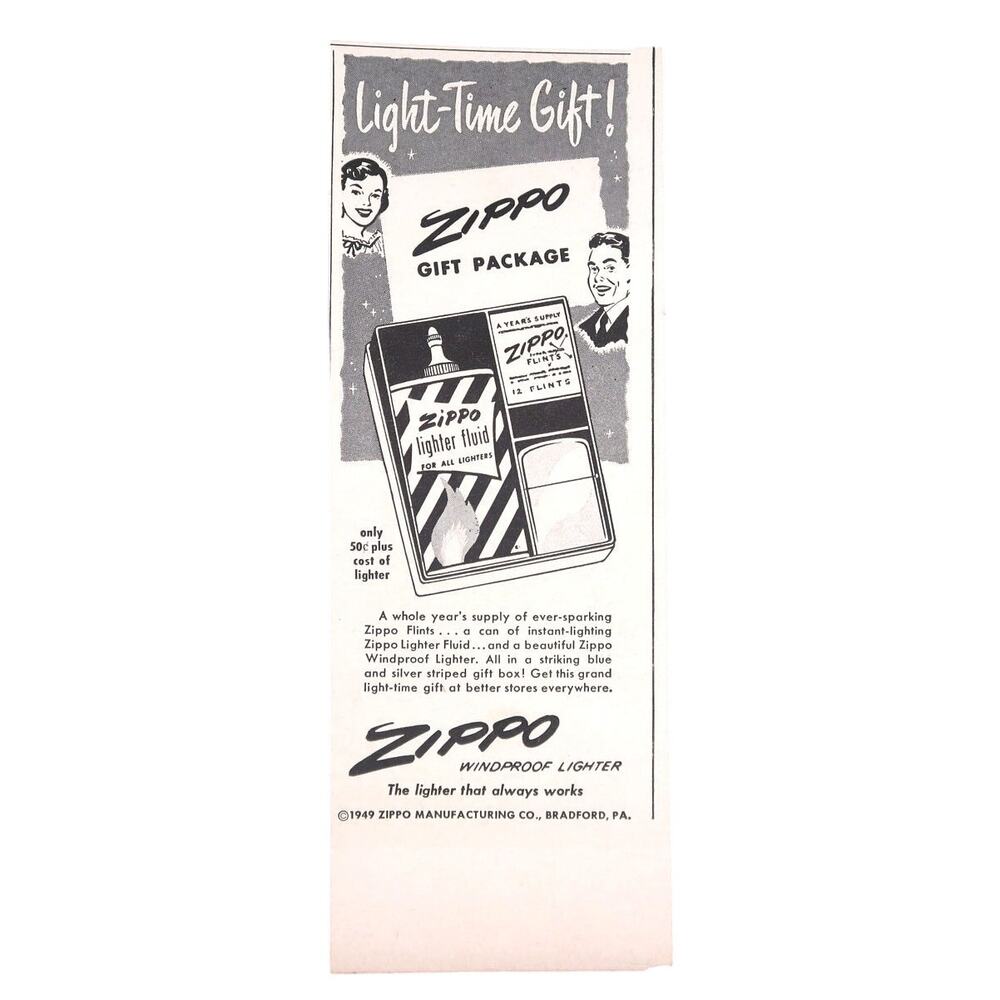 Zippo Lighter Gift Package Advertisement 1949 B&W Vintage Christmas Holiday